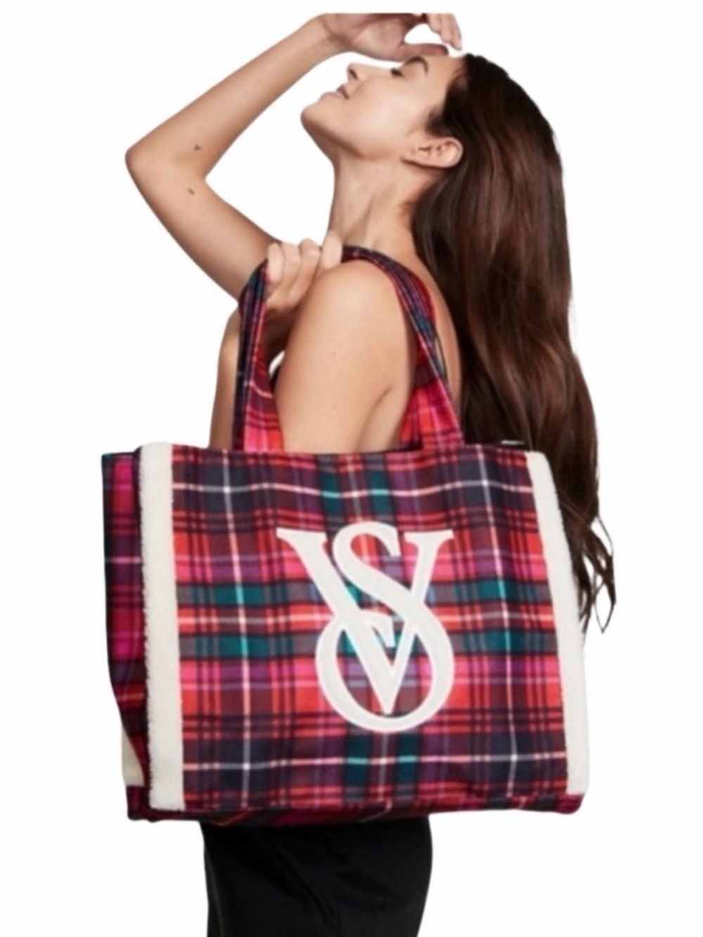 Victoria's Secret Red Plaid Tote with Logo Accent